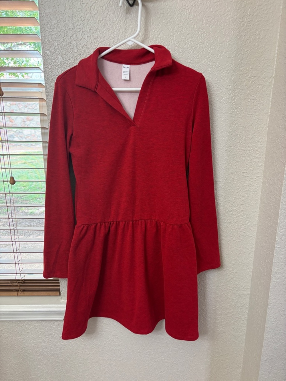Red Long-Sleeve Collared Peplum Dress